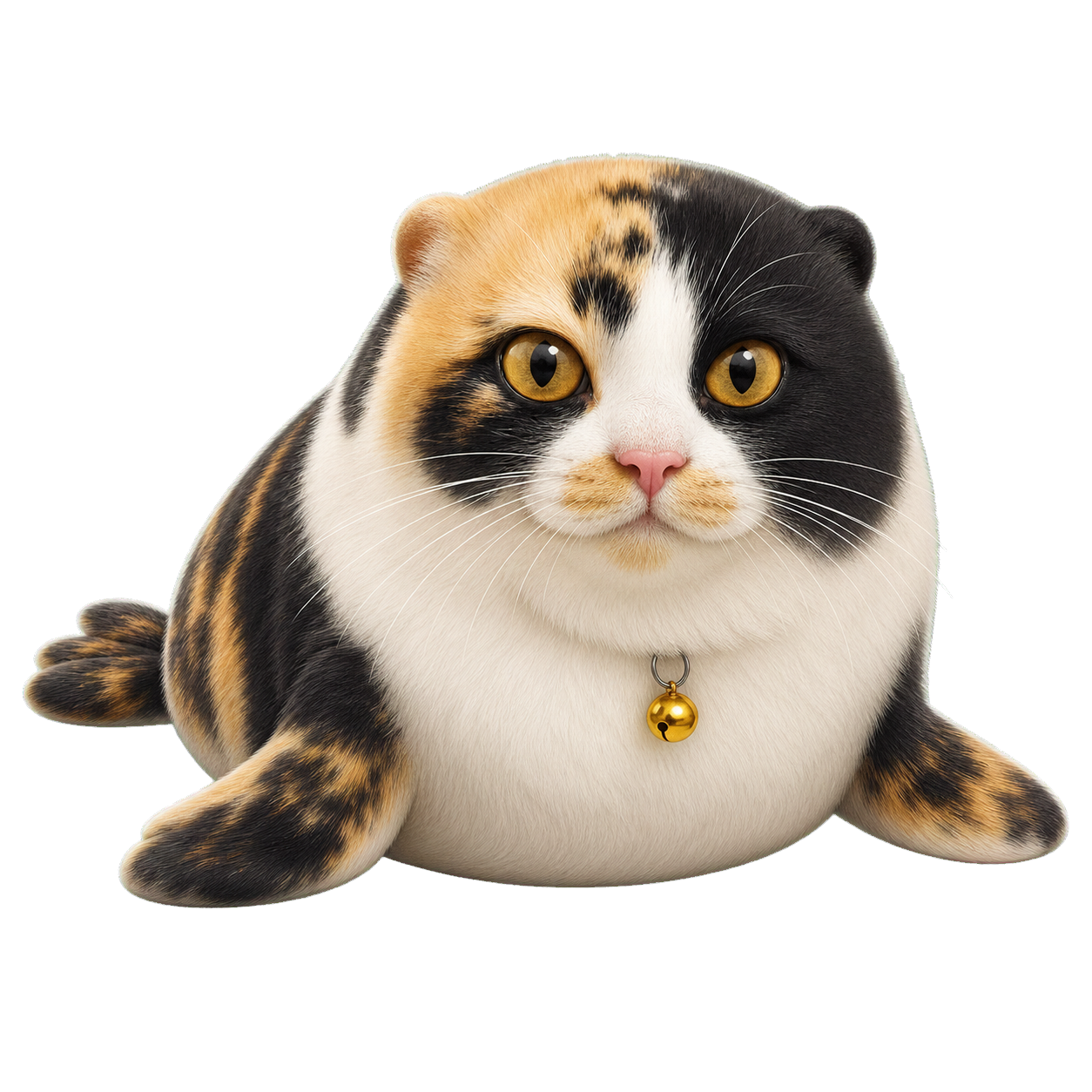 Cute calico cat transformed into a round seal